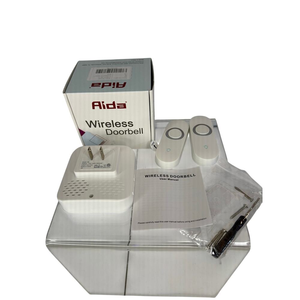 Aida Wireless Doorbell Battery 1000'Range 5 Vol Levels 58 Chimes White 2 Buttons
